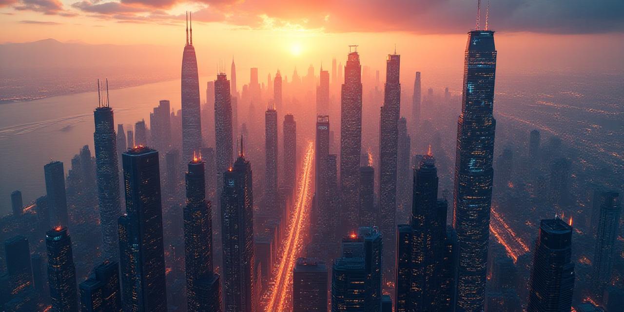 Futuristic aerial view of a connected smart city and digital landscape