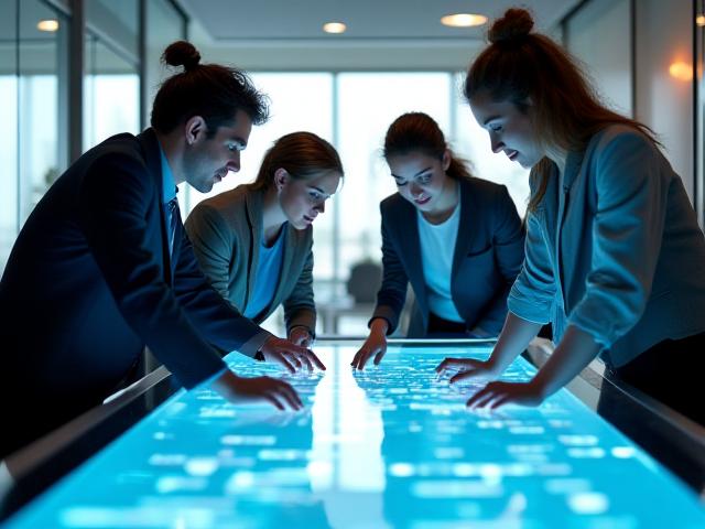 A diverse group of professionals collaborating over a high-tech illuminated interactive table display